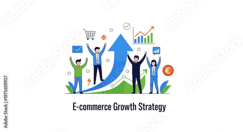 Team celebrating success with rising arrow representing e commerce growth