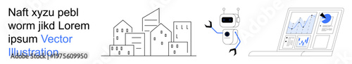 Business strategy, urban planning, AI development, data visualization, technology integration, automation. Buildings, robot laptop displaying charts. Urban planning and AI development concept