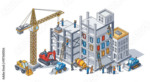 Isometric illustration of a construction site with several workers, cranes, and machines building structures, rendered in a colorful vector design against a clean white background