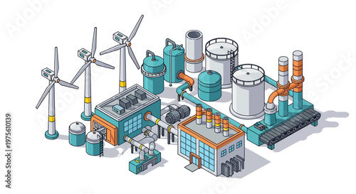 Isometric vector illustration of a factory engineering complex with wind turbines, showing a system of buildings and machines related to electricity generation, depicted with a clean