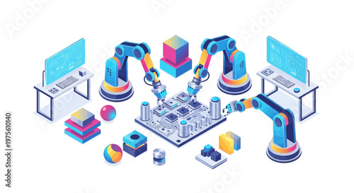 Isometric factory automation illustrated in a vector design, showing robotic arms assembling a circuit board with precision, set against a clean white background and conveying a modern