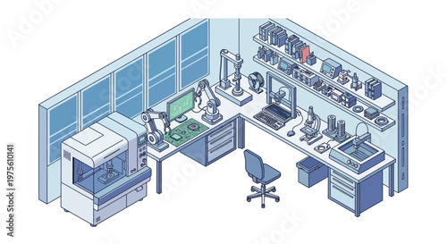 Isometric vector art showcases a miniature world of factory engineering, with various machines and systems depicted in a detailed illustration style against a clean white background