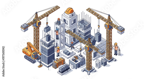 Isometric vector illustration showcases a construction site with miniature characters operating cranes and machinery amidst unfinished buildings, set against a clean white background