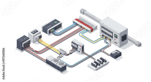 Isometric illustration of a factory machine system, showing various electrical components and connections against a white background, rendered in a clean vector art style with a focus