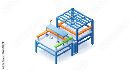 Isometric vector illustration shows a stylized factory machine system, rendered with clean lines and bright pastel colors against a white background, depicting an automated construction