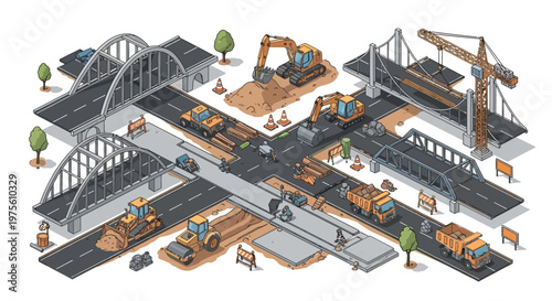 Isometric vector illustration showing a world of factory engineering and building construction, depicting various machines and road systems from a high angle with a clean art style