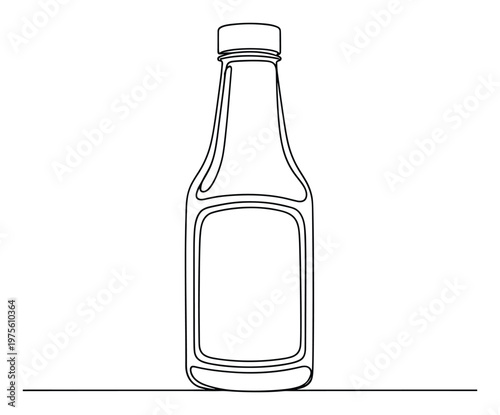 Continuous line drawing of a generic condiment bottle with a cap and an empty label space, perfect for packaging design mockups or food product visual assets.