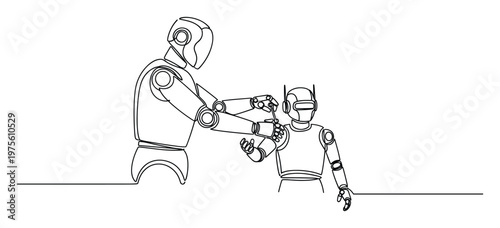 A larger robot meticulously assists a smaller robot with a tool, symbolizing mentorship and technological development for robotics innovation and future education in automation.