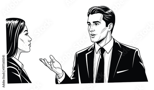 Two business professionals engaged in a dynamic discussion exchanging ideas and collaborating on a project useful for corporate presentations and educational materials