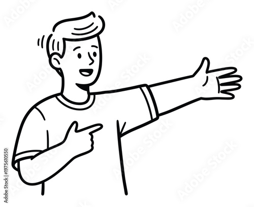 Young energetic man pointing finger and gesturing with his hand enthusiastically, perfect for conveying direction, encouragement, or presenting information in various media.