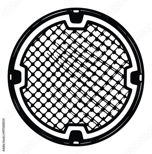 Black and white round manhole cover with a sturdy grid pattern provides essential street utility access and drainage system infrastructure for urban public works projects and municipal