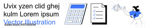 Business strategy, financial planning, data analysis, task management, productivity, team collaboration. A calculator, checklist and person with digital icons. Business strategy and financial
