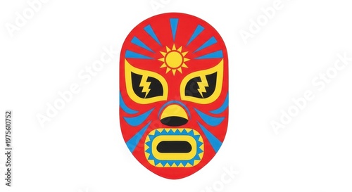 A vibrant red luchador mask with yellow and blue accents on a white background with a fierce express