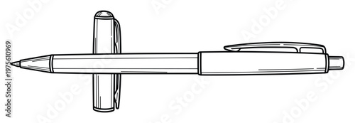 A clear outline sketch of a ballpoint pen with its cap on, suitable for various graphic projects, school supplies images, or business stationery visuals needing a crisp writing instrument.