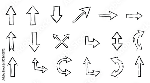 Versatile collection of handdrawn sketch arrows in various directions and forms, ideal for indicating movement, navigation, or emphasizing key information across diverse projects.