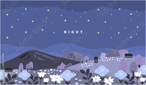 星空が広がる夜の丘と山並みの手描き風 landscape　小さな家と花畑を描いた横長のゆるいベクター