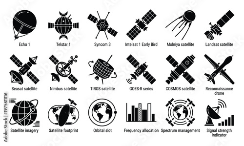 Collection of various satellite icons and related space technology concepts including orbital slots and frequency allocation for telecommunication and exploration themes