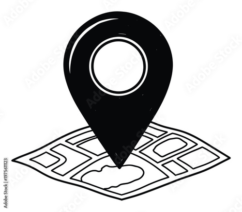 Black hand drawn map pin icon on a sketchy geographical map indicating precise navigation and travel route discovery perfect for digital applications and website interfaces