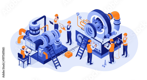 Isometric illustration of a factory engineering team working on a complex machine system, with characters designing and constructing, conveying a technological mood against a clean white