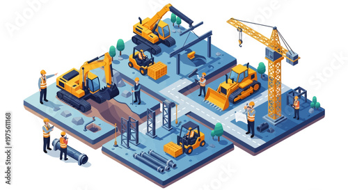 Isometric vector illustration showcases people overseeing the construction of a factory building with an electrical machine system, featuring construction vehicles, cranes and scaffolding