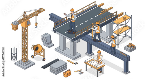 Isometric illustration of construction workers building a bridge with a crane and cement mixer, using factory engineering designs on a blueprint, against a clean background