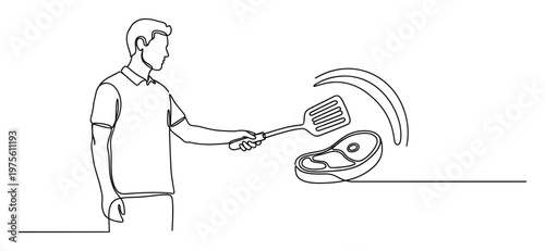 Dynamic continuous line drawing of a man holding a cooking spatula over a sizzling steak, perfect for culinary blogs, restaurant promotions, or healthy eating and lifestyle content.