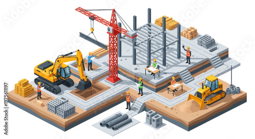 Isometric illustration of construction workers operating machinery at a construction site, including an excavator and crane, with a bright, clean style against a white background
