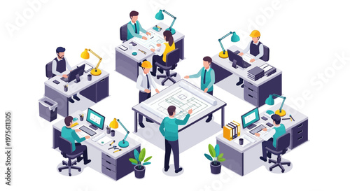 Isometric vector illustration of a group of people in a factory engineering business, collaborating on machine system design around a table covered with blueprints, in a brightly lit