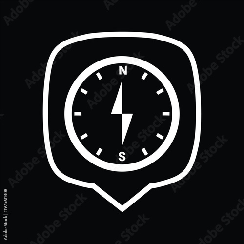 A unique white outline compass, featuring a distinctive lightning bolt as its needle and cardinal directions, is set against a black background within a speech bubble shaped pin pointer.