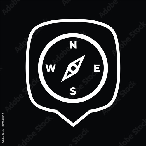 White outline compass icon with a circular needle on a black background and speech bubble pointer