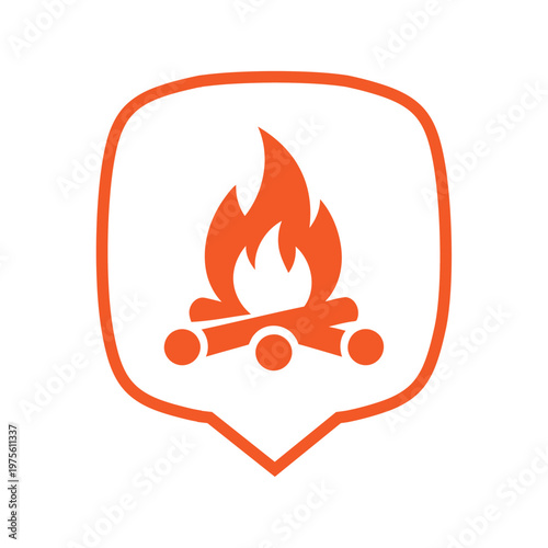 Orange Campfire icon within speech bubble. Symbolizes outdoor activities, camping, adventure, and communication for travel and recreation themes.