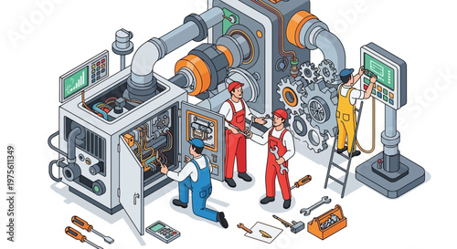 Isometric vector art depicts factory engineers maintaining a complex machine system with gears and electrical components in a clean, white industrial building, rendered in a bright