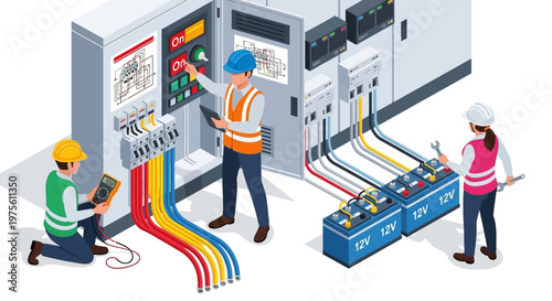 Isometric vector illustration of factory engineers inspecting a complex electrical machine system, one adjusting the control panel and the other examining the batteries, against a clean