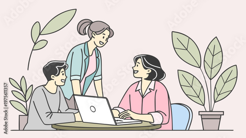 Vector illustration of remote video call meeting on laptop. Online teamwork, virtual communication, business discussion, digital collaboration, and work from home concept.