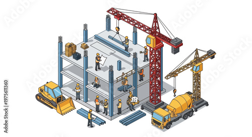 Isometric illustration of construction workers operating machinery on a building site, with cranes and a cement mixer, rendered in a bright and colorful vector style against a clean white