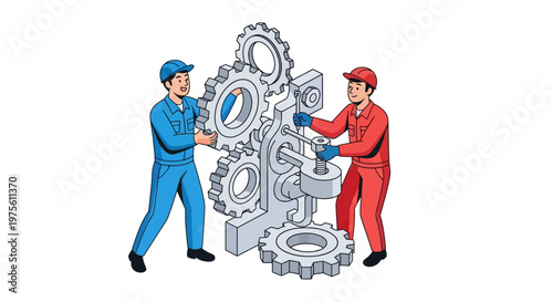 Isometric vector illustration of two workers assembling a complex machine system, carefully placing gears within the structure in a factory engineering context, presented against a clean