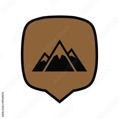 Mountain peaks silhouette icon inside shield shaped speech bubble on brown background