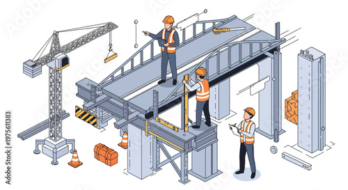 Isometric vector illustration of construction workers inspecting a building structure on a scaffolding platform with a crane in the background, rendered in a clean, professional style
