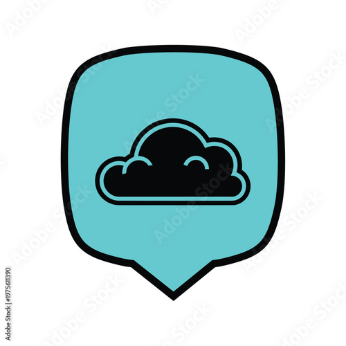 Cloud icon inside light blue shield shaped speech bubble frame for weather apps
