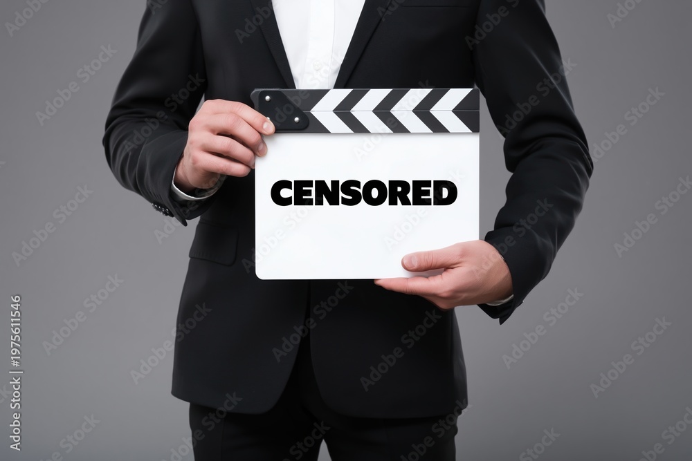 Fototapeta premium Professional Man Holding Censored Clapperboard Sign