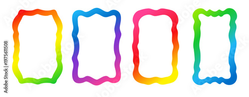 Carnaval squiggle frames with color gradation. Rectangle wavy borders with rainbow gradient isolated on white background. Empty abstract frames for summer feast, celebrate, vector illustration