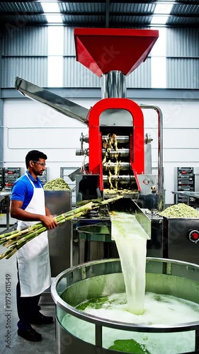 Man extracting juice from sugarcane in industrial setting