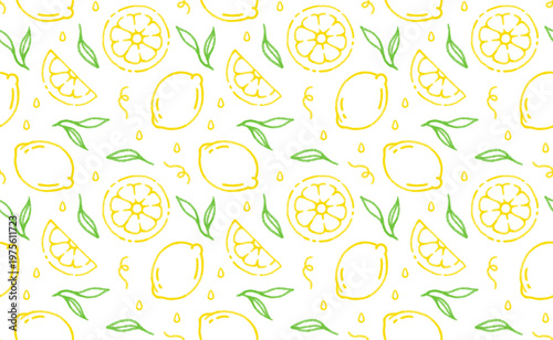 Seamless pattern with crayon lemon fruit, slice and leaves. Mediterranean background with outline yellow citrus with chalk texture. Summer pattern with lemon, vector illustration