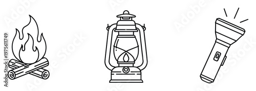Vector outline icons featuring a comforting campfire, a classic oil lantern, and a practical flashlight, perfect for outdoor adventure, camping, and wildernessthemed graphic designs.