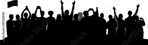 Cheering crowd silhouettes with raised hands, smartphones and flag, excited audience celebrating event, social gathering atmosphere, unity, energy and enthusiasm