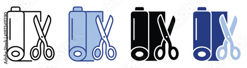 Fabric roll and scissors icon set representing textile crafts, sewing hobbies, and DIY projects for workshops, material stores, or creative app interfaces.
