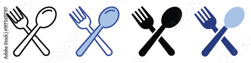 Modern crossed fork and spoon icons in various styles perfect for restaurant menus, food delivery app interfaces, dining establishment signage, and culinary website navigation.