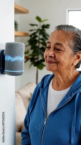 Older woman interacting with smart home device in living room