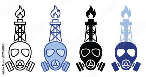 Industrial safety and environmental hazard icons depicting gas mask and oil rig with burning flame conveying pollution warnings and fossil fuel energy impact