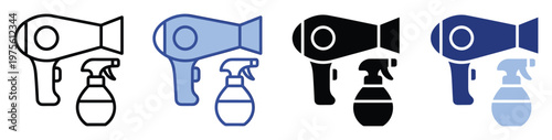 Professional hairdryer and spray bottle icons for hair care and beauty salon business, ideal for websites, mobile apps, presentations, and product packaging.